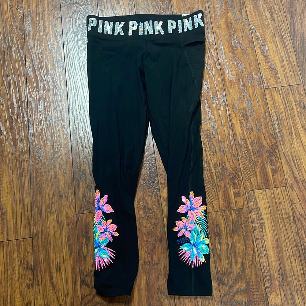 Victoria's Secret Black Leggings with Pink Floral Design